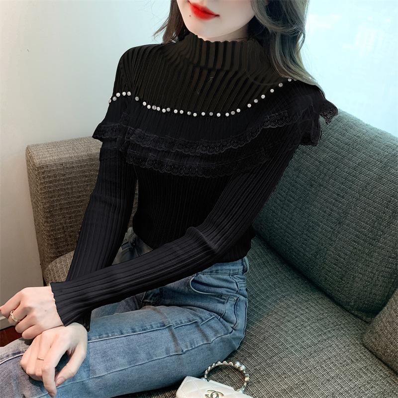 

Весенне-осенний женский трикотаж с высоким воротником, кружевной рюшой, вязаный свитер, темпераментный пуловер, нижняя рубашка, топы с длинными рукавами One Size чёрный