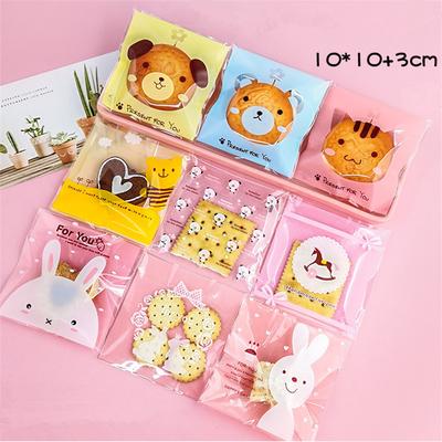 Lot de 100 sachets en plastique auto-adhésifs avec imprimés d'animaux de dessin animé, 10 x 10 + 3 cm, pour biscuits, collations
