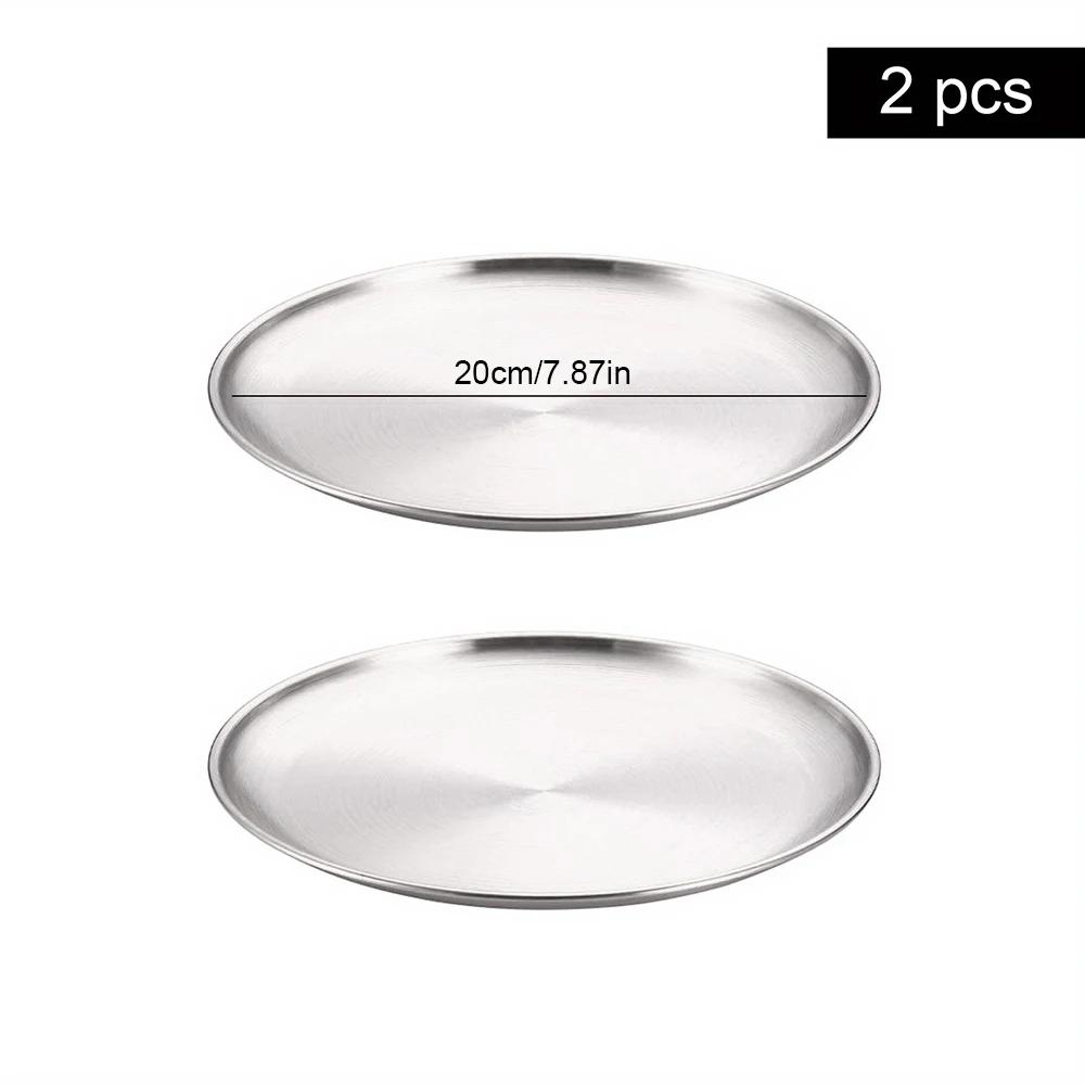 2Pcs Stainless Steel Round Plate Bone Spitting Dish Shallow Tray Metal Camping Plate Dining Disc BBQ Picnic Dishes Cookware