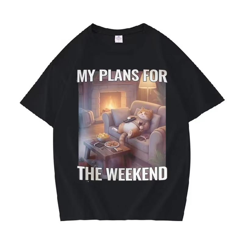 

Funny Cat I Plans for The Weekend Oversized Tops Women Cotton Fashion Teenagers Short Sleeve T-Shirts Daily Crewneck Casual T... S