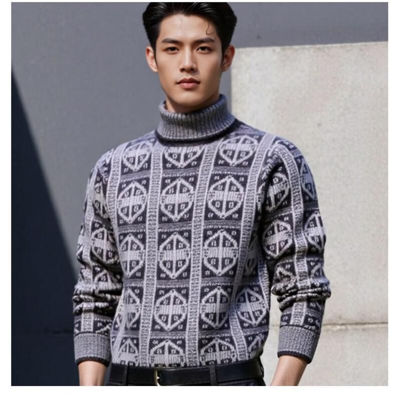 Hengyuanxiang Men's High-Neck Striped Pure Wool Sweater
