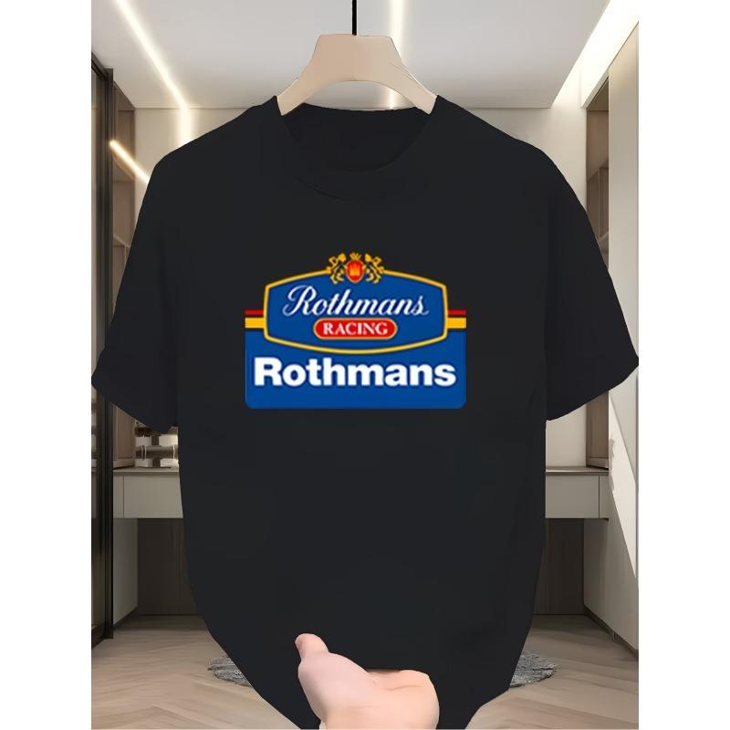 Męska koszulka z krótkim rękawem w rozmiarze europejskim, z nadrukowanym logo Rothmans Racing, zaprojektowana z luźnym okrągłym dekoltem, wykonana z oddychającej tkaniny letniej