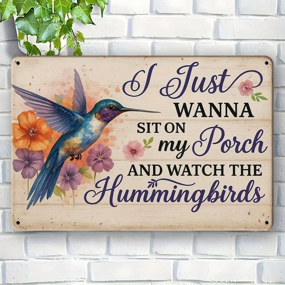 Hummingbird Porch Sign - Vintage Metal Art with Floral Design for Rustic Home Decor