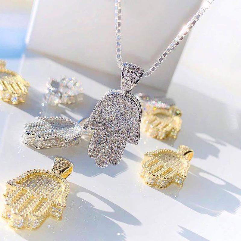 

Hamsa Hand Pendant Necklace with Zircon - Men s Hip Hop Jewelry