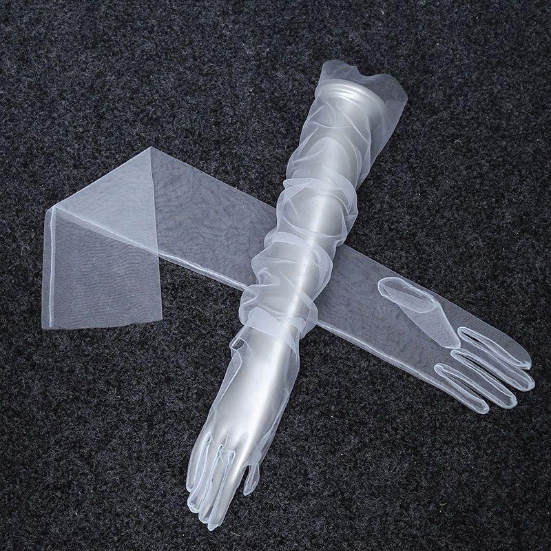 

70Cm Women Transparent Thin Lace Elegant Tulle Long Gloves Mesh Gauze Sexy Wedding Party Summer Lace Ladies Prom Dress Gloves One Size
