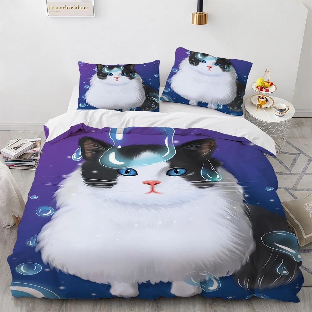 Watercolor Cat Duvet Cover King Queen Pet Kitty Bedding Set For Teens Adults Blue British Shorthair 2/3Pcs Polyester Quilt Cover