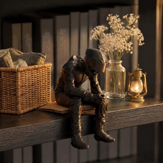 Home Office Decoration 3D Printed Motorcycle Rider Figurine, Thinking Statue Shelf Car Dashboard Accessory Sitter for Decoration, Enthusiasts