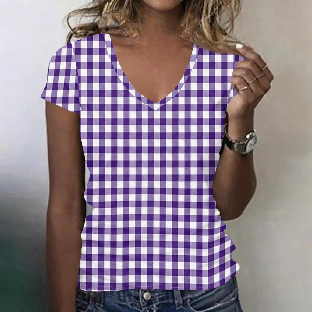 Women’s Fashionable Casual V-neck Short-sleeved Check Print Slim-fit Lightweight T-shirt Top