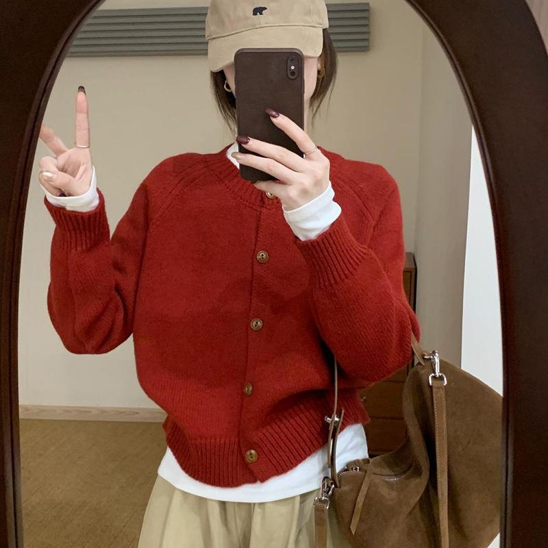 Autumn new crew neck knitted cardigan top women's loose casual and thin soft waxy sweater jacket