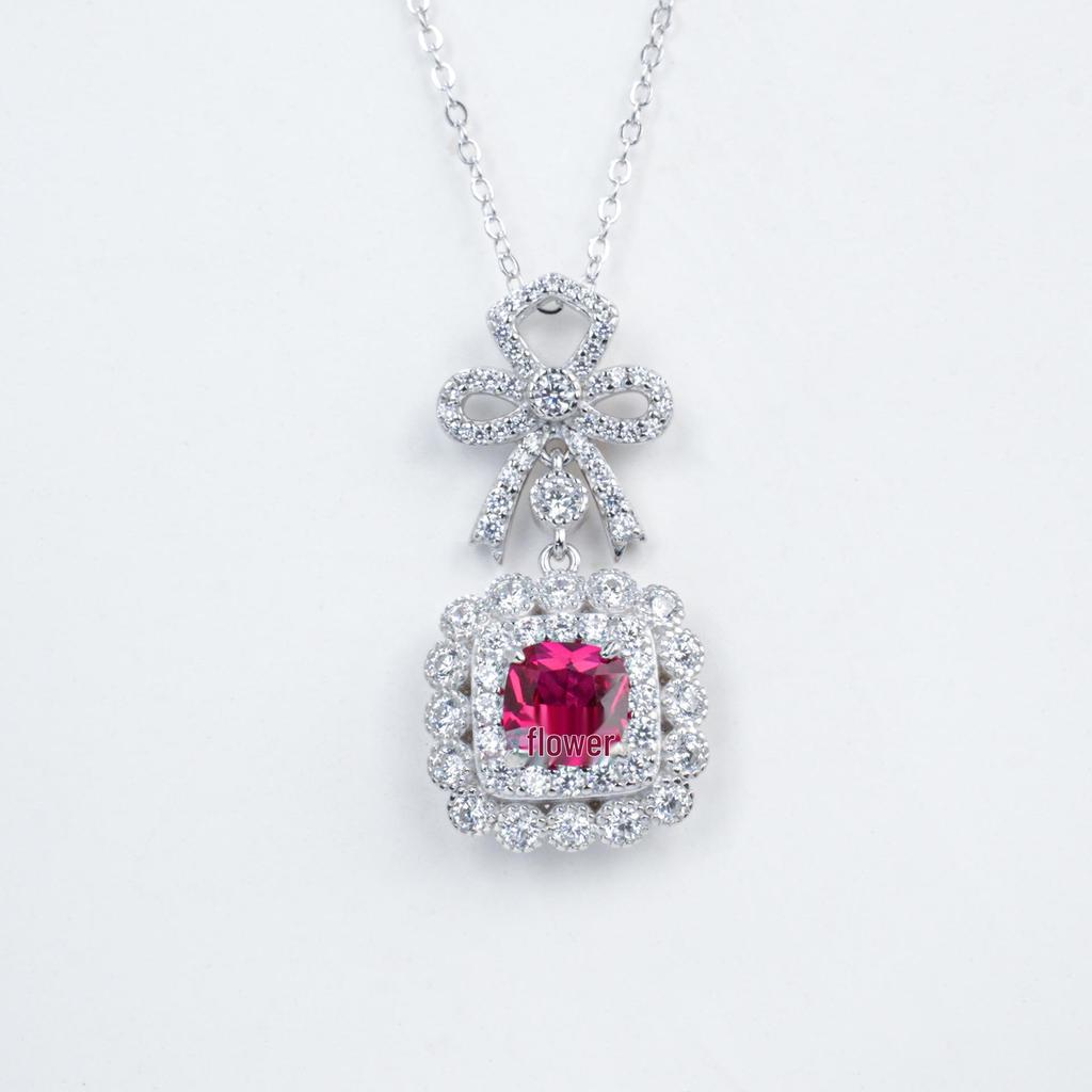 Zhou Hengfu Ruby Bowknot Pendant In S925 Sterling Silver White Gold Plated Light Luxury Necklace