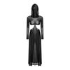 Women Sheer Maxi Dress High Slit Design Hooded Face Cover Long Sleeves Hollow Out Mesh Coverup Gown