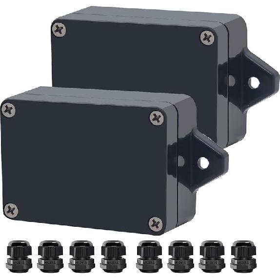 Project Box ABS Black Electrical Boxes IP65 Outdoor Waterproof Box Electronic Junction Box Fixed Ear Power Enclosure with Cable Glands for DIY