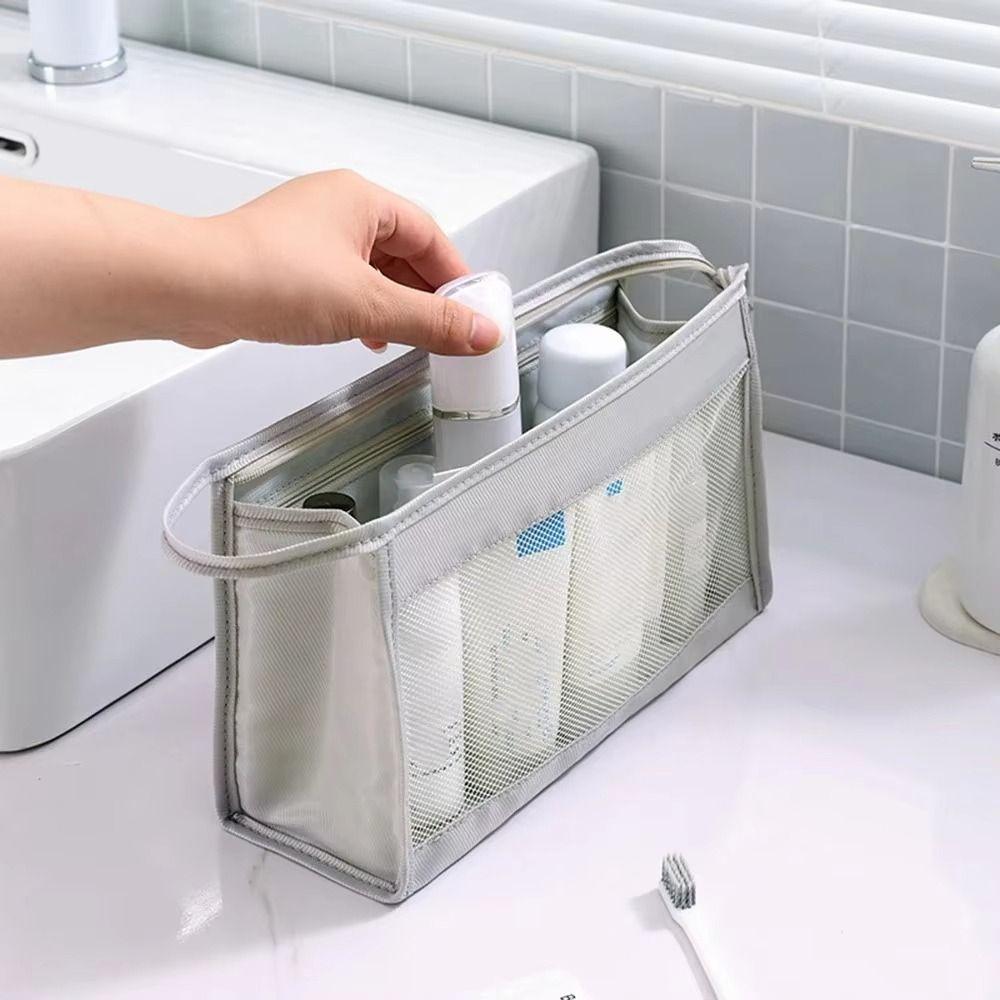 Foldable Mesh Makeup Organizer Hanging Toiletry Bag Large Capacity Wash Bag  Brushes