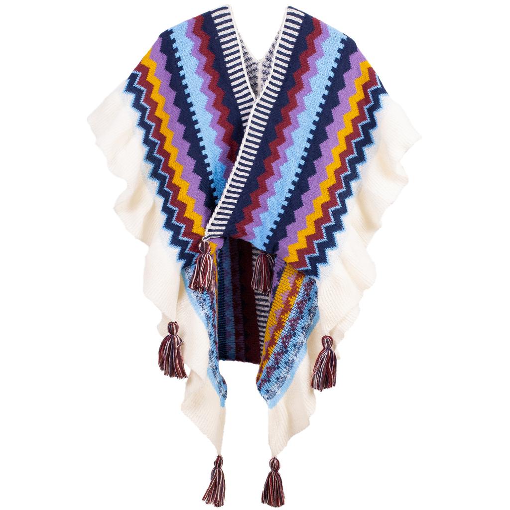 Flowers Embroidered Rainbow Knitted Shawl Spliced Ruffles Sweater Coat Irregular Gauze Ruched Scarf Cape Cardigan Poncho