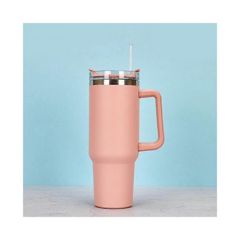 (Pink)Stainless Steel Water Cup Large Capacity Vacuum Straw Cup Handle Coffee Mug