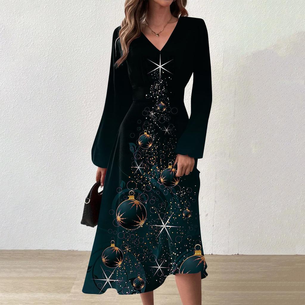 Women's Autumn And Winter Casual Fashion V-neck Long Sleeve Christmas Tree Print Long Dress
