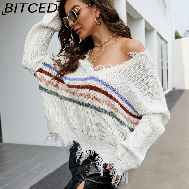 BITCED Women s Oversized Cropped V-Neck Sweater Women s Knit Sweater with Fringe for FallWinter XL 2230₽