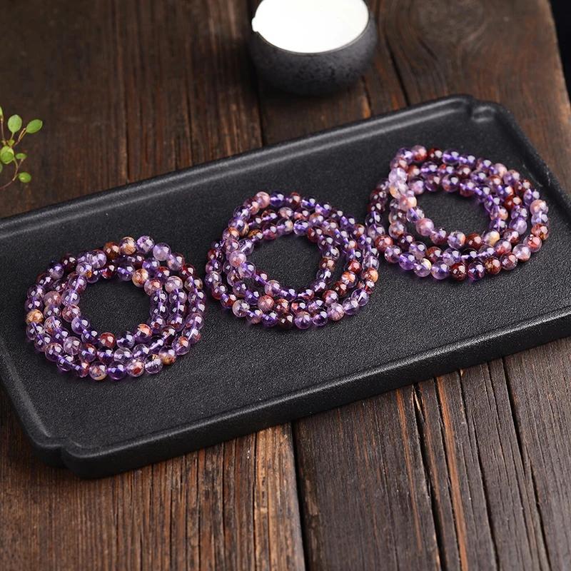 Natural Purple Auralite 23 Cacoxenite Round Beads 3 Laps Bracelet 6mm Women Men Phantom Necklace AAAAA