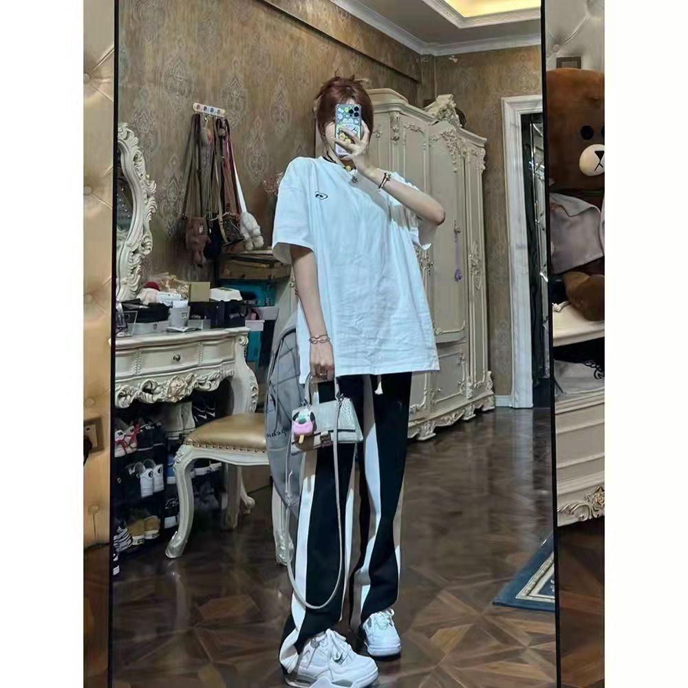 Black & White Side Stripe Wide-Leg Pants - Loose, Casual, Drape Floor-Length, Straight-Leg Sweatpants for Summer