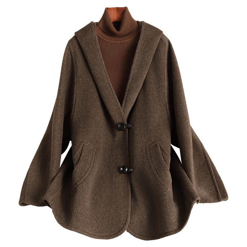 Autumn and Winter New Double-sided Wool Coat Hooded Cape High-end Small Woolen Coat