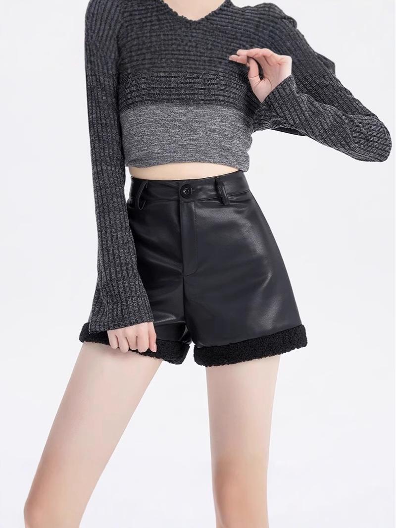 

Women s Black High-Waist Leather Shorts: Fall/Winter Casual Slim Fit 4XL