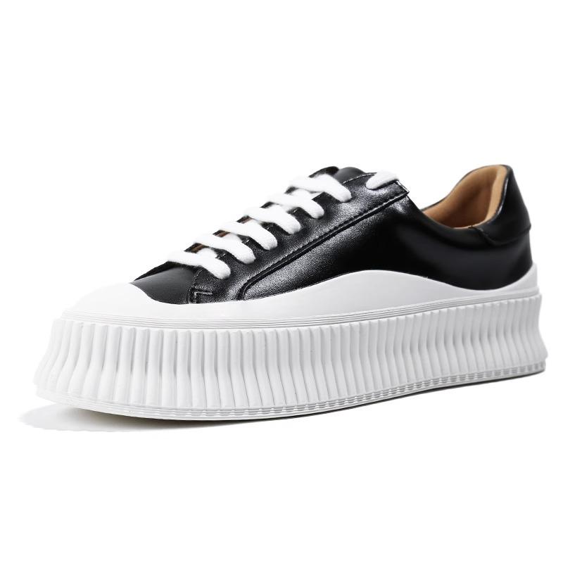 

Leather muffin thick-soled little white shoes women s new heightening breathable lace-up student board shoes casual biscuit shoes 40 чёрный