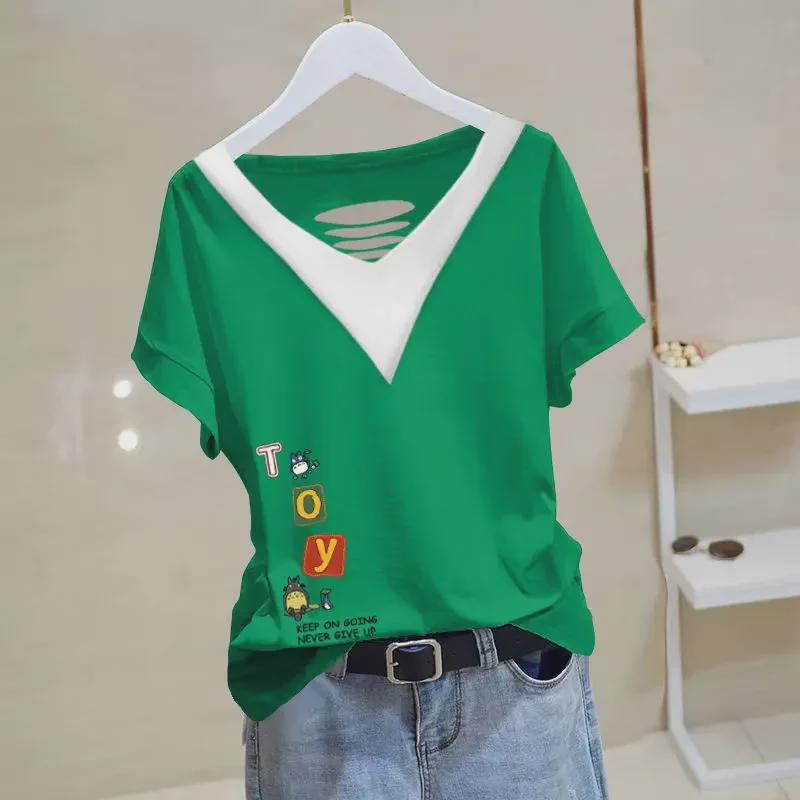 Women's 2024 Summer Cotton V-neck Short-Sleeve Top - Versatile, Loose, Slimming, Plus Size, Chic Korean Style T-shirt