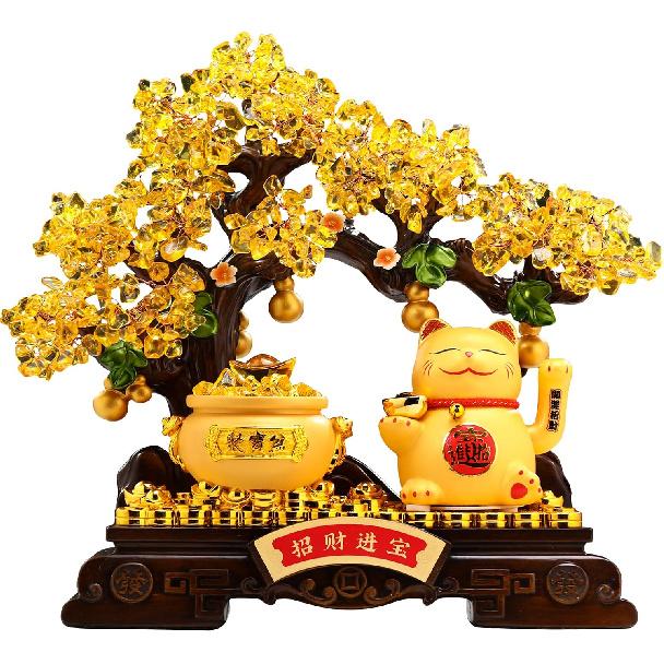 Aris & Juno Feng Shui Money Tree Statue with Electric Waving Lucky Cat, Crystal Leaves & Wealth Bowl – Handcrafted Prosperity Decor for Office,