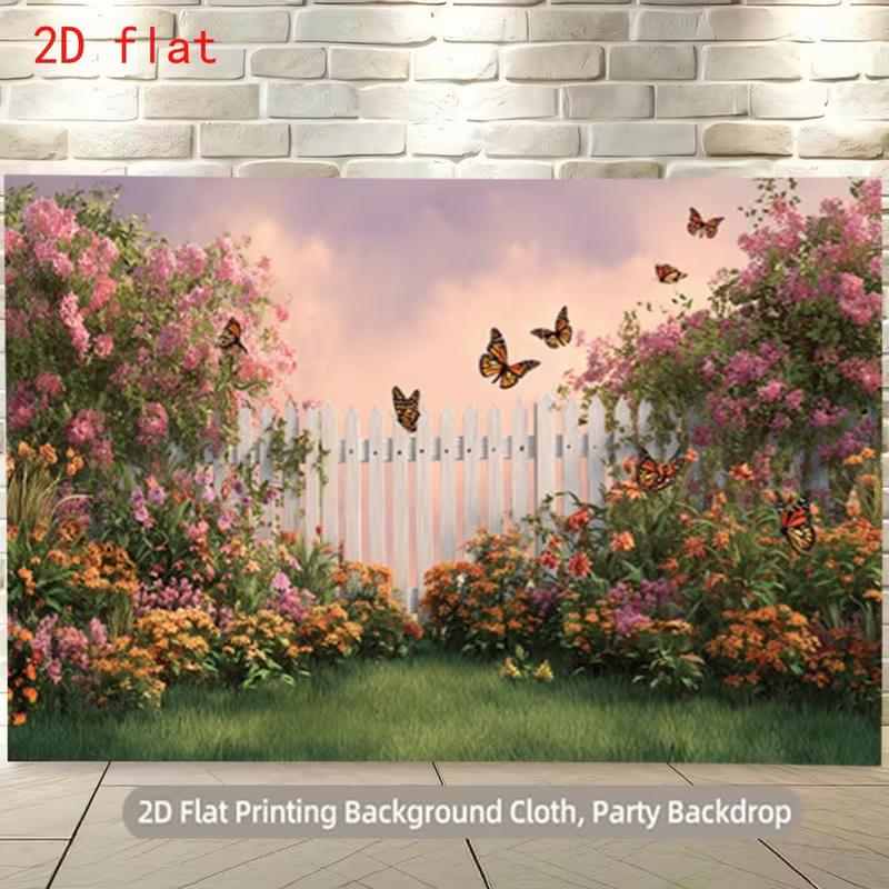 2D Floral Garden Photography Backdrop Pink Sky with Monarch Butterflies Decor 47.2x31.5inch/120*80cm