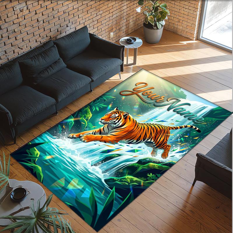 Leopard Theme Crystal Velvet Floor Rug Personalized Custom Name Text Warm Carpet Home Decoration