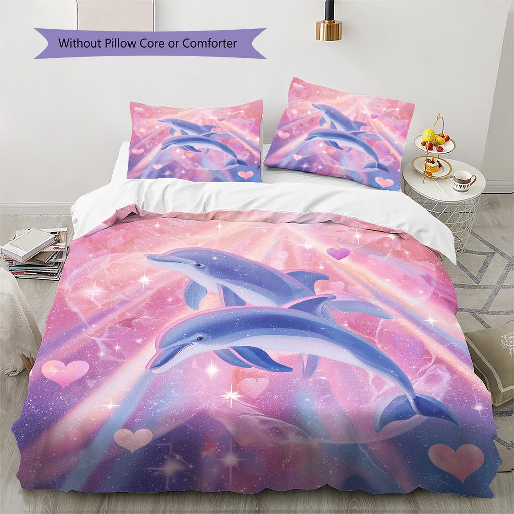 Kreslené Barevné Delfíní Vzor Povlečení Domácí Dekorace Narozeninový Dárek (1 * povlak na peřinu + 2 * povlak na polštář, bez jádra)