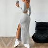 Women's simple and elegant dress autumn and winter square collar backless design sense long sleeve medium and long dress