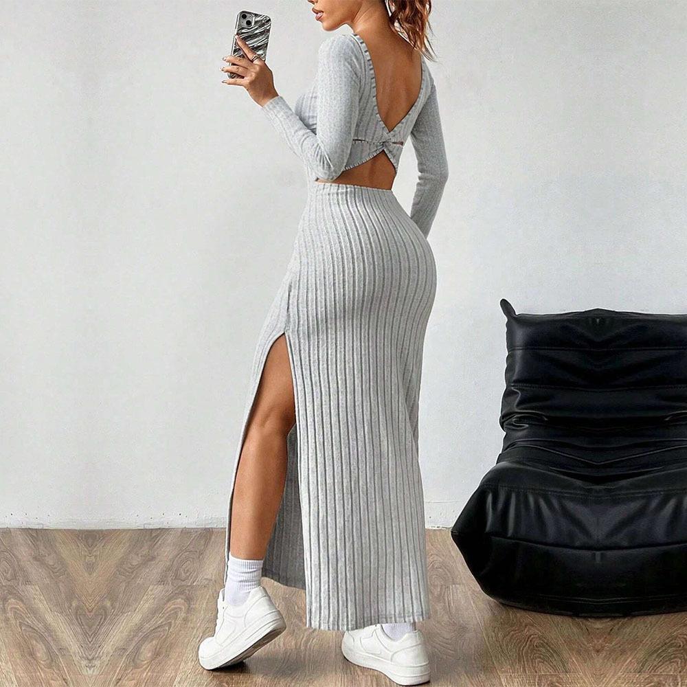 Women's simple and elegant dress autumn and winter square collar backless design sense long sleeve medium and long dress