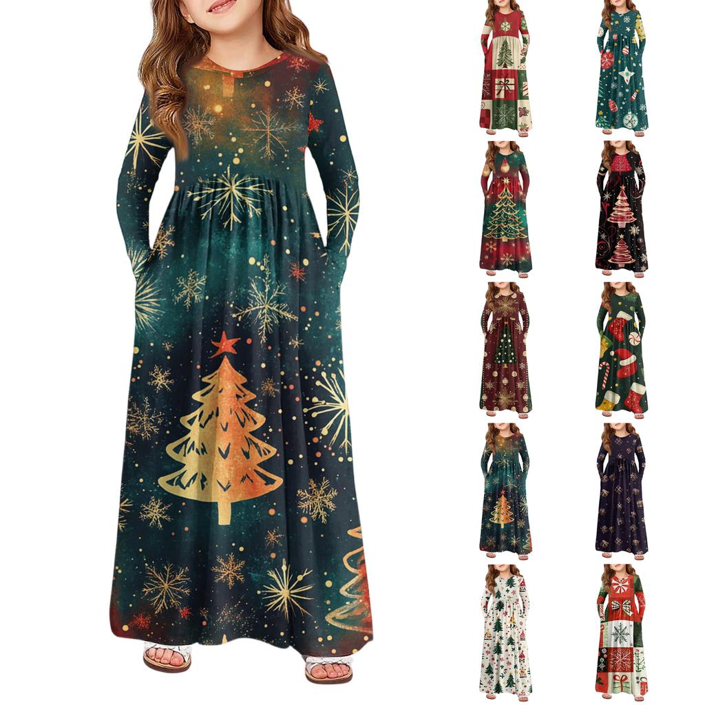 Rochie Maxi pentru Fete - Rochie cu Mânecă Lungă și Buzunare Zi de Crăciun