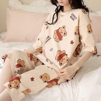 Pajamas Women's Summer Seven Pants Cute Star Bear Short-Sleeved Loose Large Size Ladies Home Clothing Can Be Worn Externally