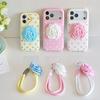 Fashion Rose Flower Folding Bracket Kickstand Polka Dots Silicone Wrist Strap Case for iPhone 17 16 15 14 13 Pro Max
