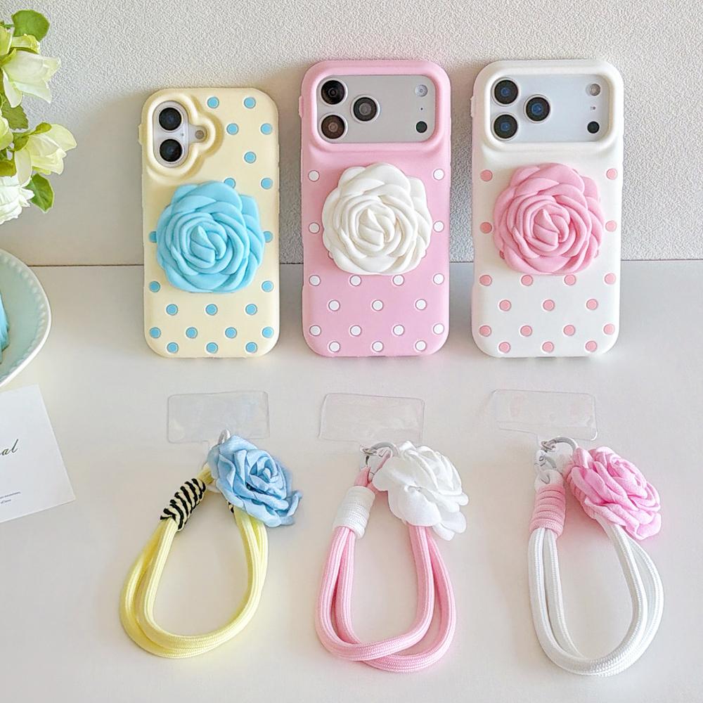 Fashion Rose Flower Folding Bracket Kickstand Polka Dots Silicone Wrist Strap Case for iPhone 17 16 15 14 13 Pro Max