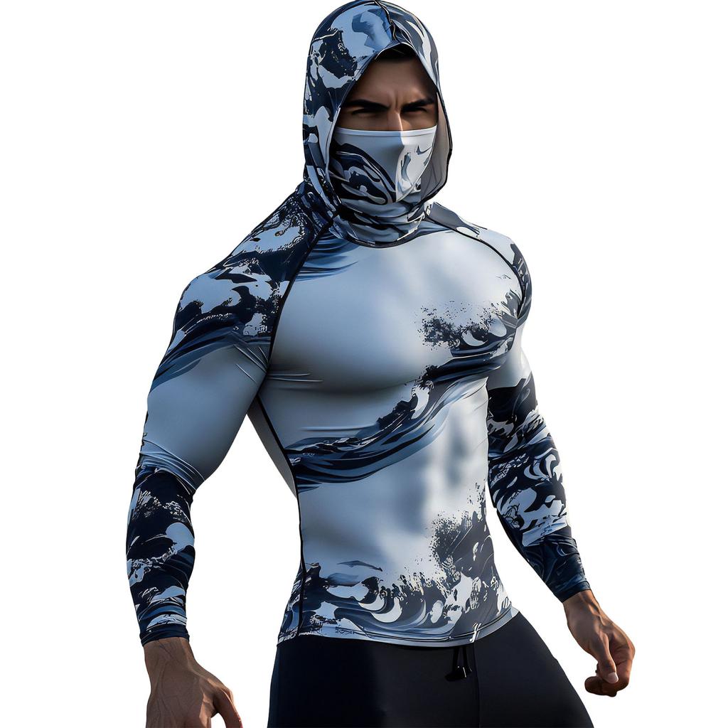 Men’s Long Sleeve Hooded Shirt with Face Covering Lightweight Stretch Fabric Pullover for Outdoor Activities UV Protection
