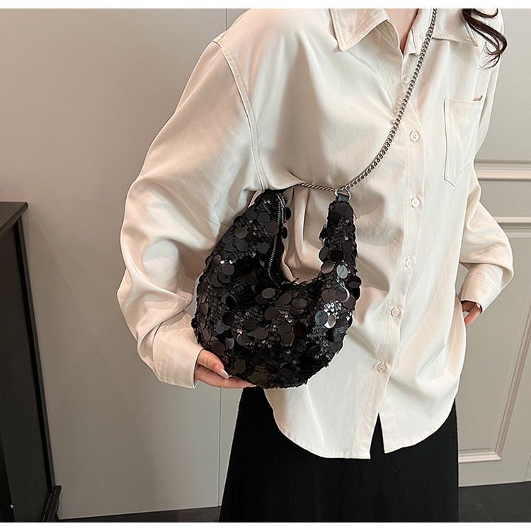 Trendy Korean Style Sparkly Chain Underarm Dumpling Bag Women's Bag 2023 New Winter Shoulder Crossbody Bag