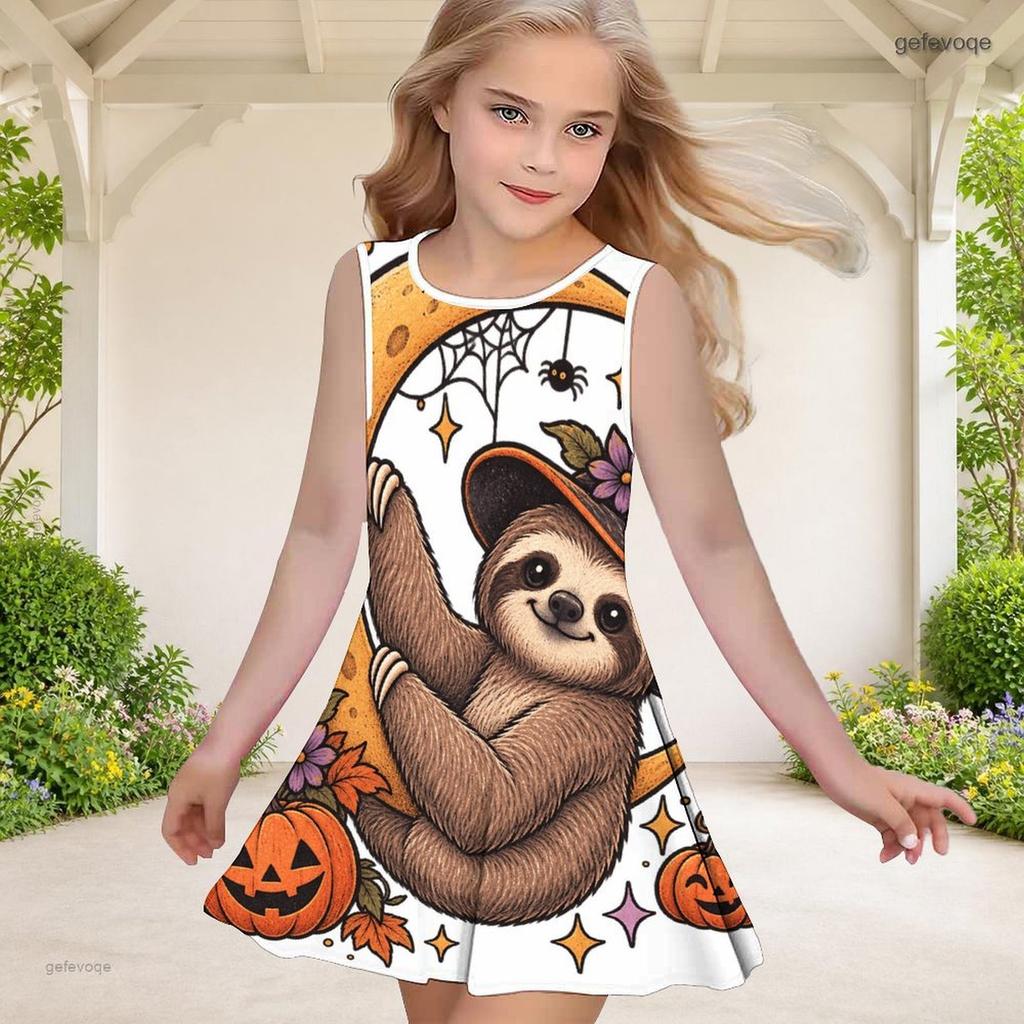Girls Round Neck Sleeveless Cartoon Chicken Pumpkin Printed A Line Flared Dress