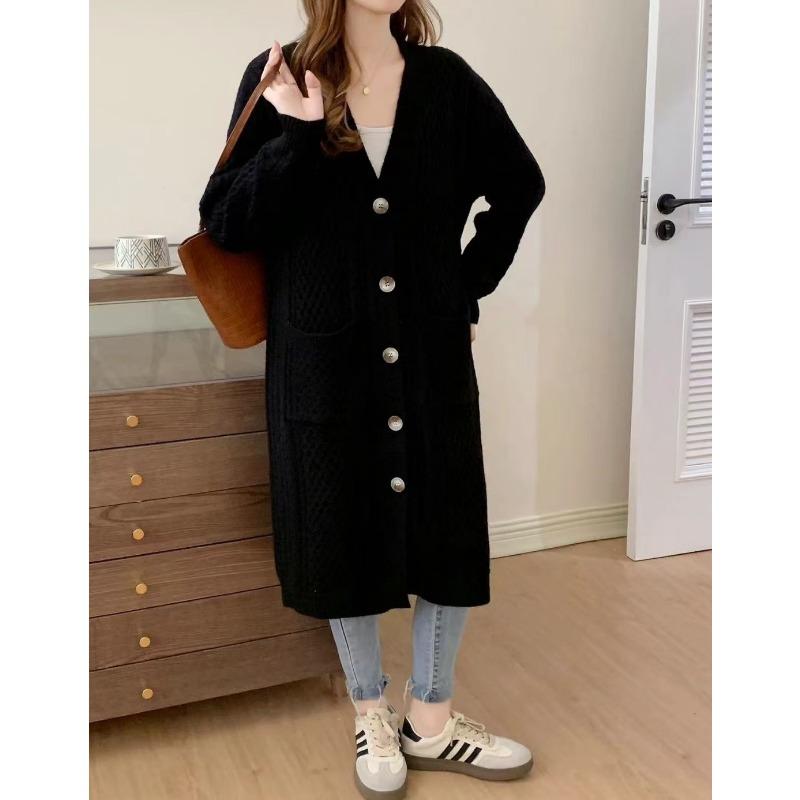

Длинный свитер-жакет женский осенний новый кардиган с косами, длинный ленивый толстый вязаный кардиган-жакет average size чёрный