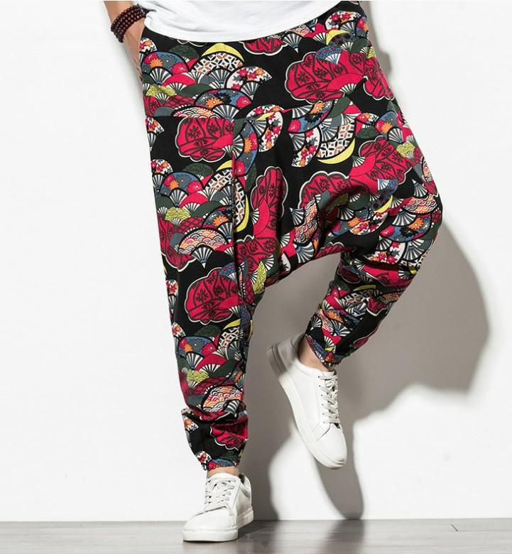 2026 Spring Men's Chinese-Style Cotton Linen Harem Pants - Printed Hip Hop Trousers