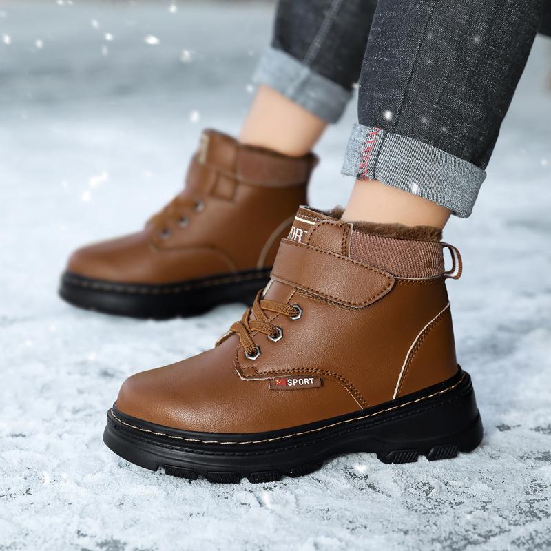 Genuine Leather Winter Boots For Boys Thick Warm Snow Shoes For Children Soft-soled Anti-slippery Teenager