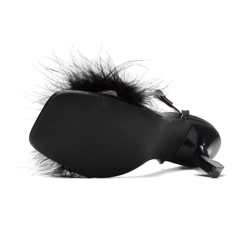 Fashion Eilyken Design Fuzzy Feather Buckle Strap Sandals Womens Fashion Summer Strange High Heels Sexy Wedding Stripper Party Shoes