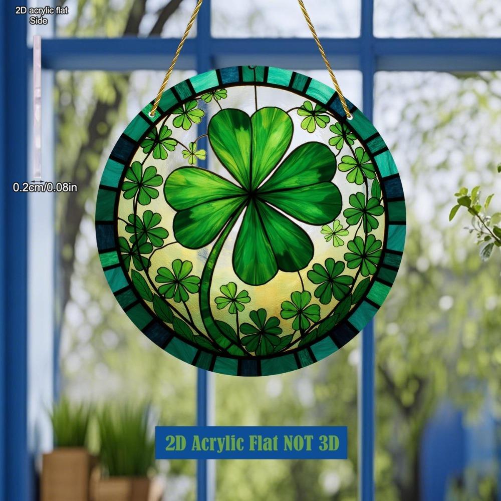 Green Four-Leaf Clover Stained Glass-Style Suncatcher, with Irish Good Luck Charm, Colorful Patterns, Nurseries, Vintage Home Decor Wall for Bar Kit