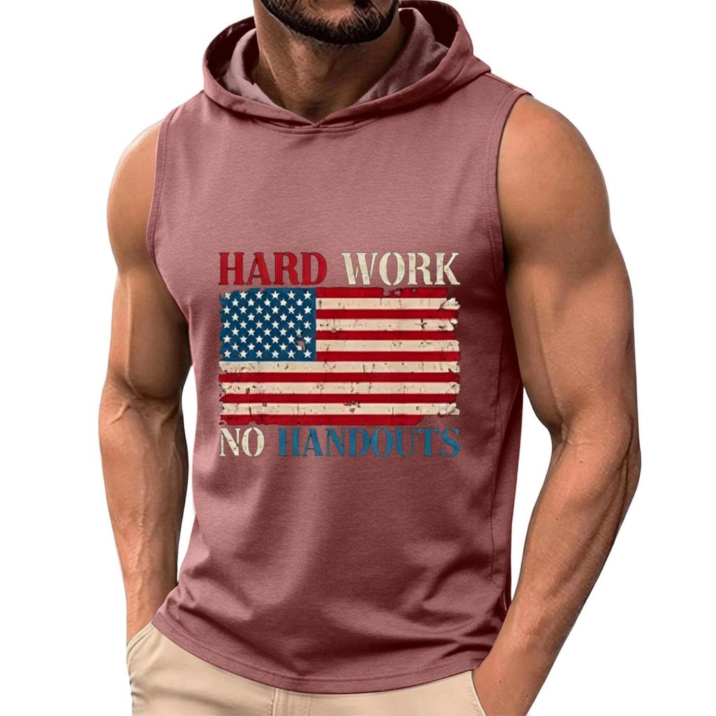 Men's Sleeveless Hoodie Tank Top Casual Muscle Shirt with American Flag Graphic Print Hard Work No Handouts Design for Summer