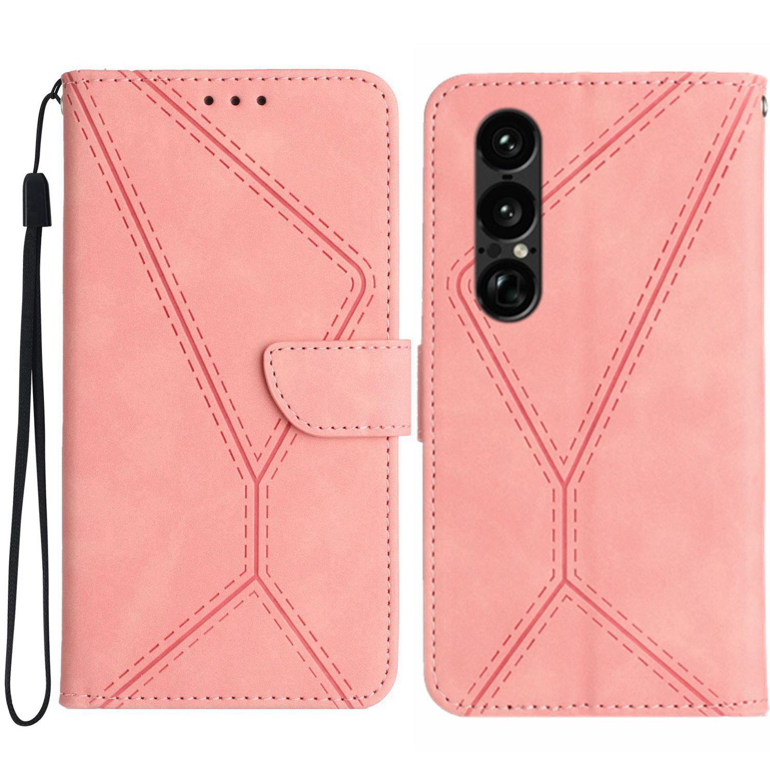 

For Sony Xperia 1 VII Case Skin Touch Lines Imprinted PU Leather Flip Phone Cover Pink