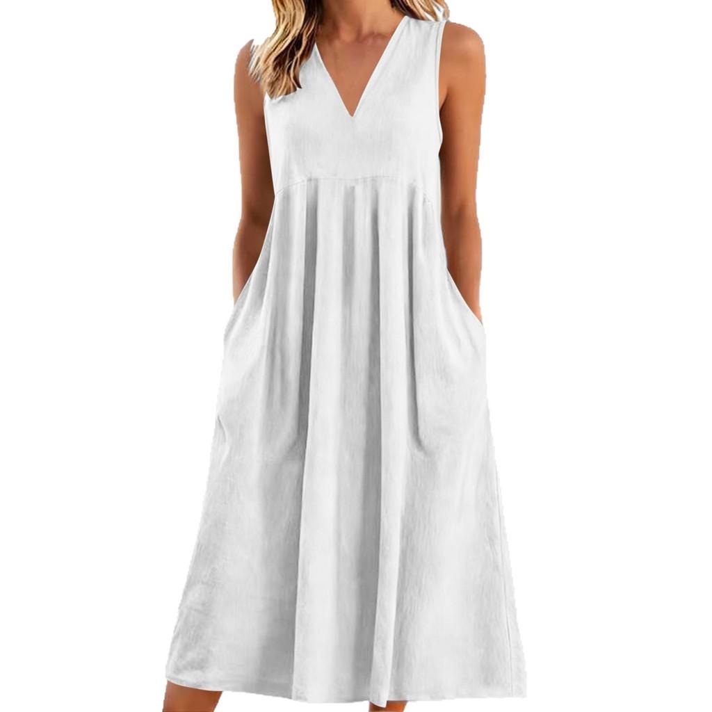 Cotton Sleeveless Vneck Dress With Color Block Pleats For Casual Wear