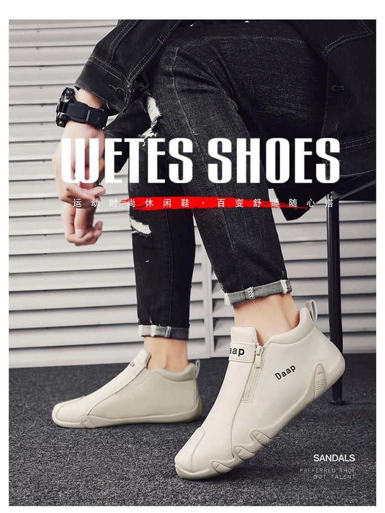 Men's Lightweight Leather Slip-On Sport Shoes, Spring/Autumn, Zipper Design, Fashion Trend