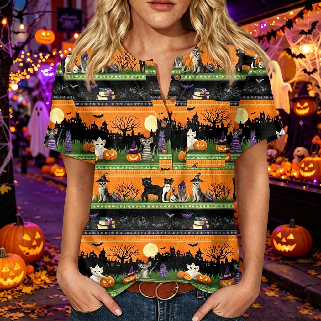 Womens Halloween Print V Neck Button Detail Short Sleeve Top Casual Loose Fit Three Quarter Sleeve T Shirt